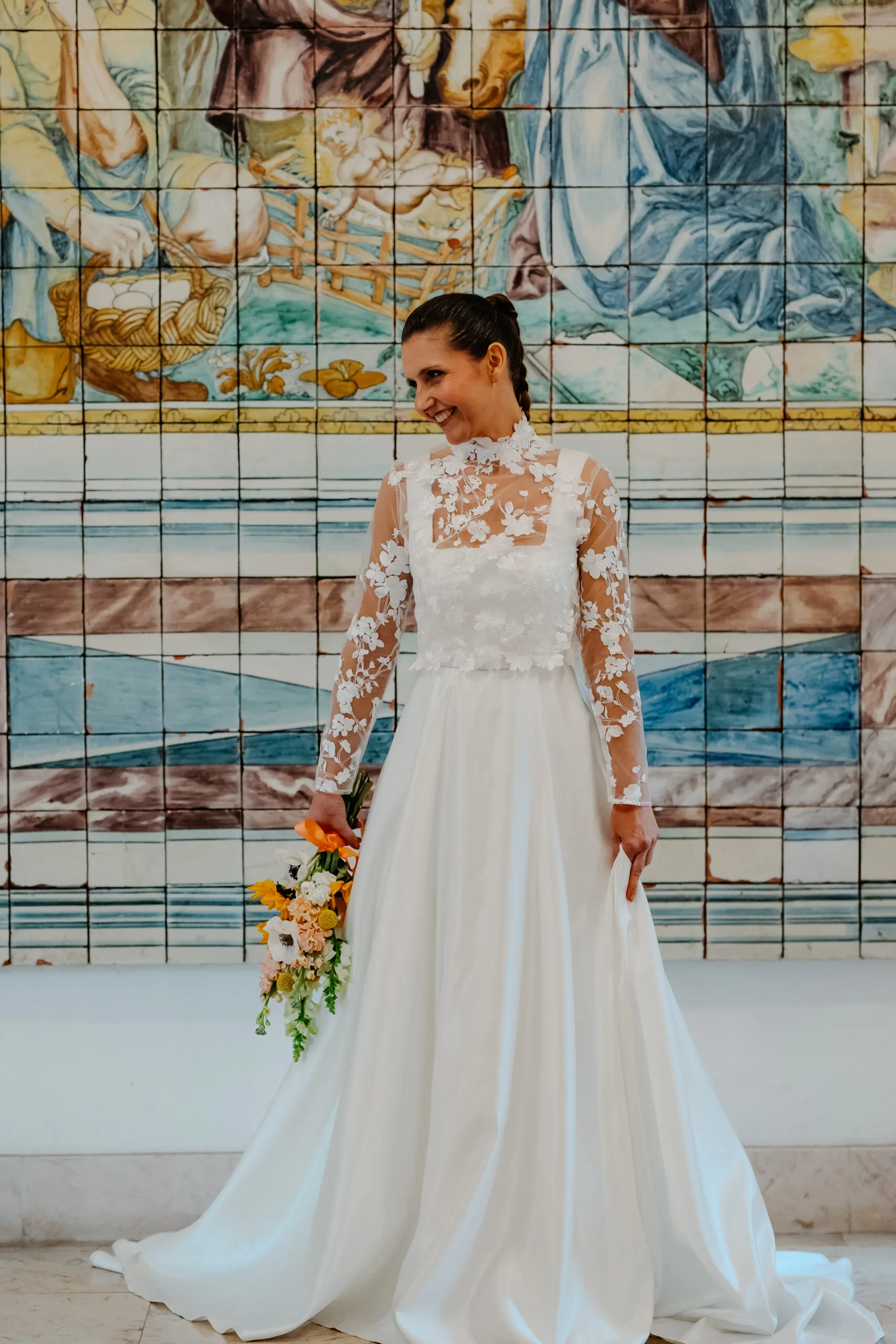 Robe de mariée princesse en satin-top en dentelle amovible